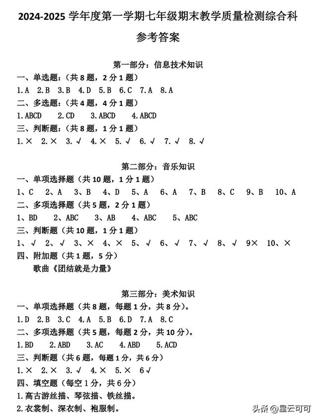 七年級綜合科期末考試試題(2024年秋季期)